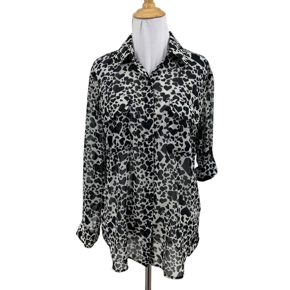 Elan Shirt Womens S Small Black White Sheer Heart Print Button Up Tab Sleeves